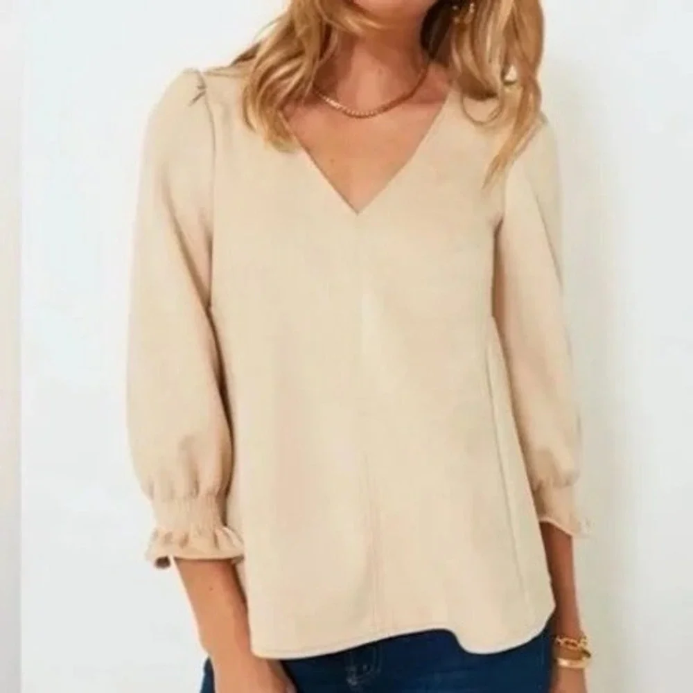 Tuckernuck Bone Faux Suede Puff Sleeve Vneck Blouse (MSRP: $128) XS